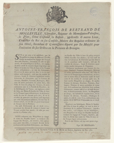 Affiche imprimée de l'ordonnance de De Bertrand, intendant de Bretagne.