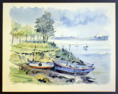 Bords de la Loire à Rezé. - Barques de pêcheurs sur la grêve : peinture couleur de G. Mougenot.