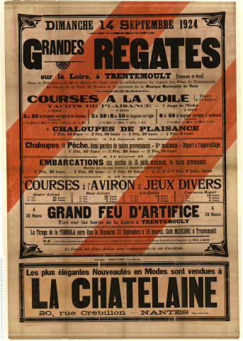 Régates de Trentemoult le dimanche 14 septembre 1924 sous la présidence de M. le Maire de Rezé, avec la collaboration du Comité des fêtes de Trentemoult, du Cercle de la Voile de Nantes et de la Musique municipale de Rezé : affiche publicitaire.