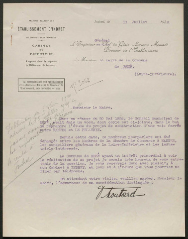 Chemin de fer entre Nantes et Le Pellerin. - Suivi du projet : délibération, correspondance, plan d'ensemble.