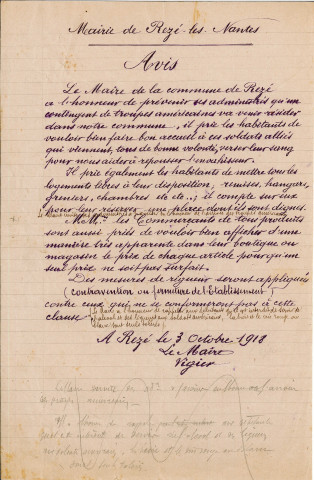 Armées américaines, présence à Rezé. - relations entre les Rezéens et les américains, entre l'État major et le Maire de Rezé et avec la Préfecture : lettres de réclamation, état des réclamations, état de logement et de cantonnement des troupes, état des sommes dues, correspondance, plan sur papier calque (représentant probablement les lieux de cantonnement des troupes américaines), 2 chèques de la "Garantuy trust compagny of New-York.