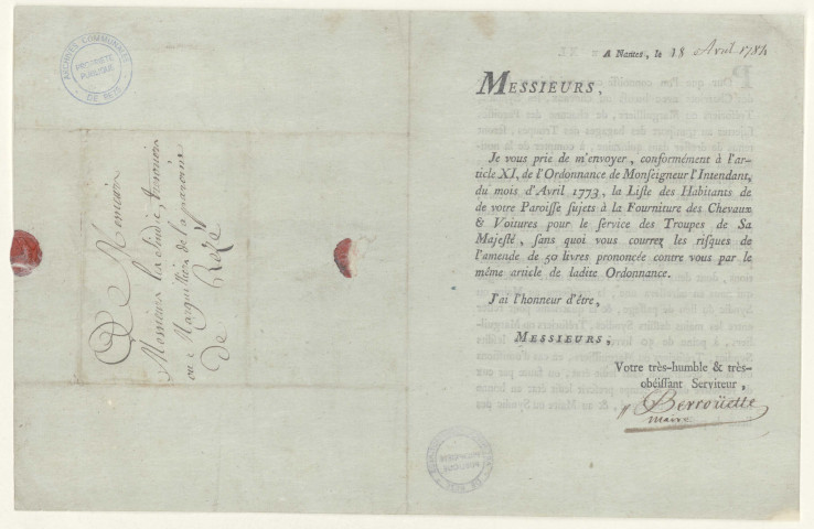 Lettre imprimée du maire de Nantes