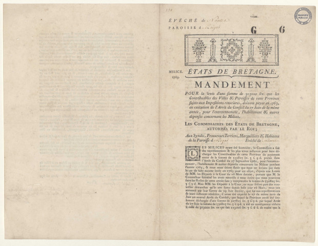 Entretien et habillement des milices. - Levée d'une contribution pour l'entretien, l'habillement et les autres dépenses des Milices ; fixation du montant de la somme à collecter dans la paroisse de Rezé : mandement des Etats de Bretagne.