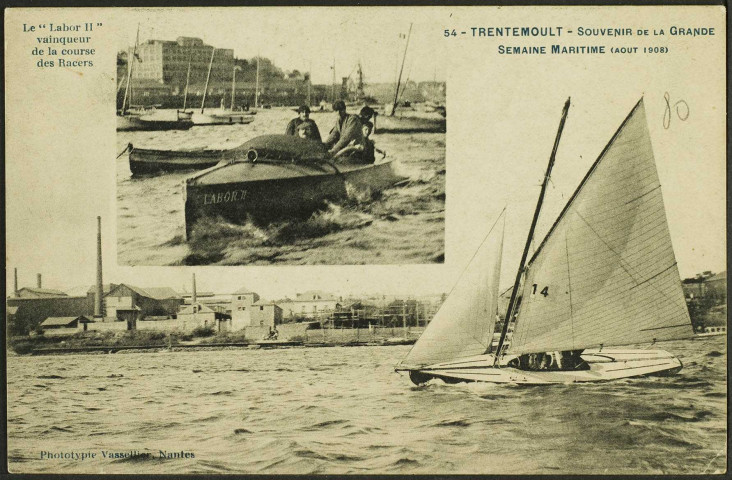 Trentemoult, Grande semaine maritime 1908. -Le Labord II, vainqueur de la course des racers ; La Loire avec Chantenay en arrière-plan.