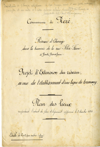 Éclairage public et électrification des villages et hameaux. - Concession à la Société nantaise d'éclairage et de force par l'électricité pour la distribution et l'extension du réseau, puis à Électricité de France ; emprunt et souscription pour le déploiement du réseau : traités de concession et avenant, cahier des charges, mémoire, devis, plans, marché, pétitions, souscription, traité d'emprunt, délibération, procès-verbal d'enquête, correspondance.