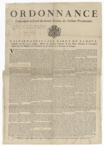Levée du dernier sixième des soldats provinciaux et fixation du contingent de (deux) soldats à fournir par la paroisse de Rezé au tirage au sort : ordonnance de l'intendant Caze de La Bove.
