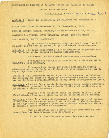 Création d'un groupement de défense contre les maladies des animaux de Nantes - Banlieue Sud : statuts, liste des membres du conseil d'administration et du bureau.