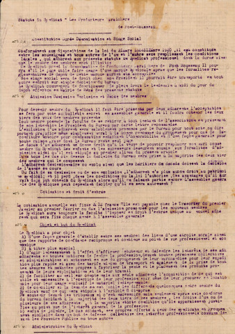 Groupement des producteurs maraîchers de Pont-Rousseau. - Création, organisation et fonctionnement : statuts, carnets de sociétaire, liste des membres du bureau, liste des adhérents.