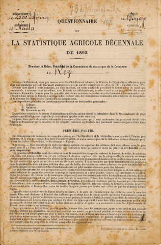 Enquête décennale organisée par le ministère de l'Agriculture : questionnaire.