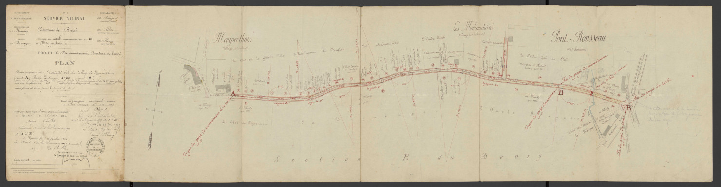 Chemin rural reconnu 12 de Mauperthuis à la route nationale 23. - Acquisition et aliénation de terrains ; travaux ; modification d'ouverture et de tracé : plans, tracés, actes d'acquisition, lettres d'offre, arrêtés préfectoraux, arrêtés de reconnaissance, délibérations, état des parcelles à acquérir et leurs propriétaires, devis, soumissions, contrat, procès-verbal d'adjudication, avis, liste de souscriptions, correspondance.