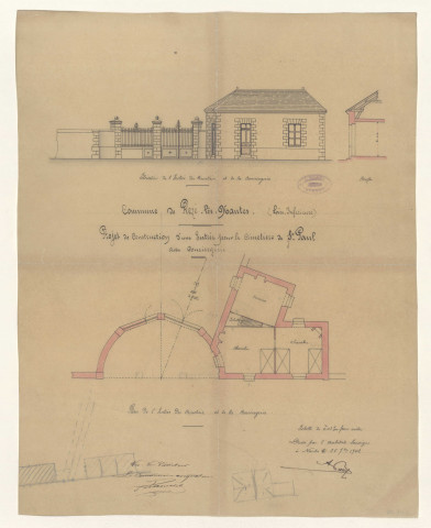 Cimetière Saint-Paul. - Agrandissement ; construction et agrandissement de la maison du concierge ; construction d'un caveau et d'un ossuaire ; acquisition du terrain Montagnon : actes d'acquisition, arrêtés, procès-verbal d'adjudication, candidatures, correspondance, plans (dont plan d'ensemble de 1888 et plans des carrés), délibérations, plan d'aménagement de l'entrée rue Julien Douillard.