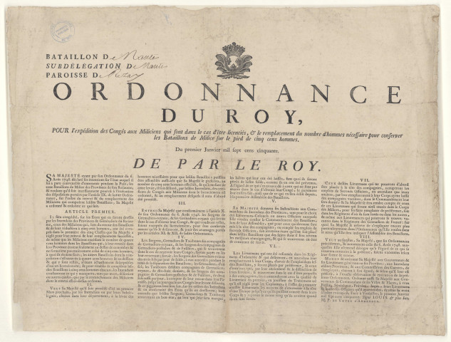 Expédition de leurs congés aux miliciens qui sont dans le cas d'être licenciés ; remplacement du nombre d'hommes nécessaire pour conserver les bataillons de milice sur le pied de cinq cents hommes : ordonnance royale.