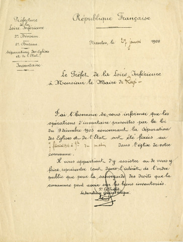 Loi de séparation de l'Église et de l'État. - Inventaire, mise sous séquestre et dévolution des biens ayant appartenu à la Fabrique et à la Mense de Saint-Paul de Pont-Rousseau, à la Fabrique de Saint-Pierre de Rezé : inventaires, arrêtés préfectoraux.