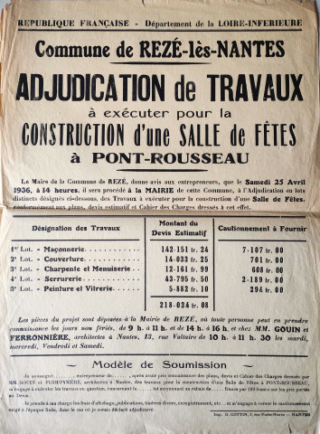 Salle des fêtes. - Construction : programme du concours, projets, procès-verbal d'adjudication, mémoires des travaux, correspondance.