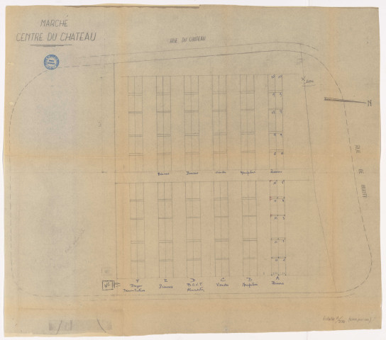Marchés d'approvisionnement. - Fonctionnement, réglementation : arrêté, liste des commerçants, statistiques, règlement, courriers, plans d'implantation, carnet à souche d'avis d'exclusion temporaire. Marché en prévision au bourg : correspondance (1955-1956). Marché de Pont-Rousseau : étude, liste des marchands, tarifs, courriers (1960-1961). Création du marché du Château : plans, listes des marchands, courriers (1961-1962).