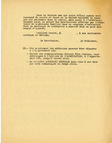 Création et modification des statuts : collection chronologique des statuts, récépissés de déclaration de l'association, lettre d'information aux habitants, historique du comité de gestion.