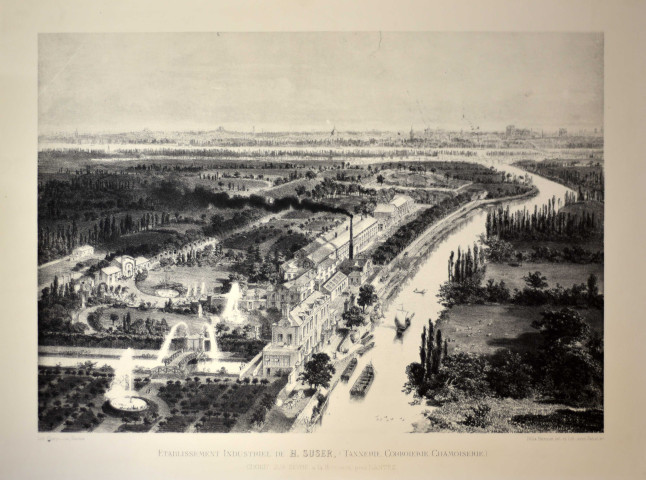 Établissement industriel H. Suser (tannerie, courroierie, chamoiserie), Choisy-sur-Sèvre, à la Morinière, sur les rives de la Sèvre : Lithographie en noir et blanc de perspective cavalière réalisée par Charpentier (lithographe à Nantes).