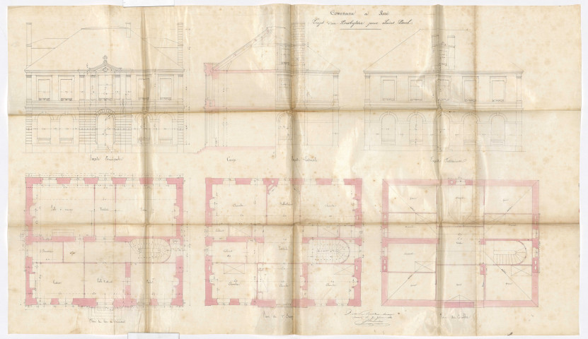 Presbytère Saint-Paul. - Location maison Douaud (1851-1858) ; construction (1863-1871) ; réparation et entretien du presbytère et de la maison du répurgateur (1876-1888) : baux, mémoire de travaux, devis estimatif, plans, correspondance, affiche.