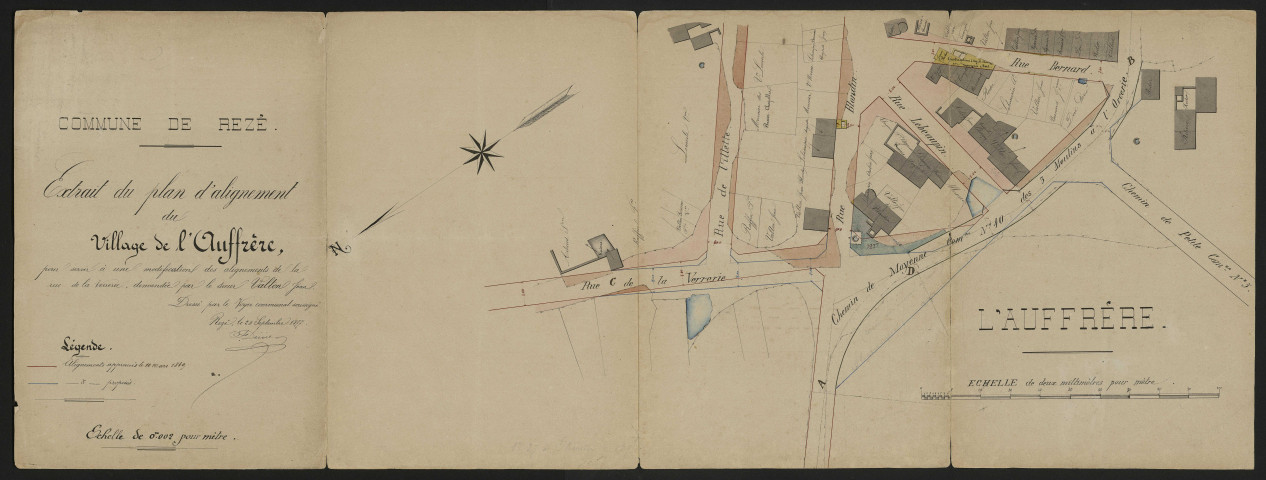 Chemin vicinal de grande communication n°103 des Trois-Moulins à Mouzillon, comprenant l'ancien chemin d'intérêt commun n°40 des Trois-Moulins à l'Orcerie. - Acquisition et aliénation de terrains ; alignement de voirie : tracés, plan du village de l'Aufrère, état des parcelles à acquérir et leurs propriétaires, enquête, correspondance