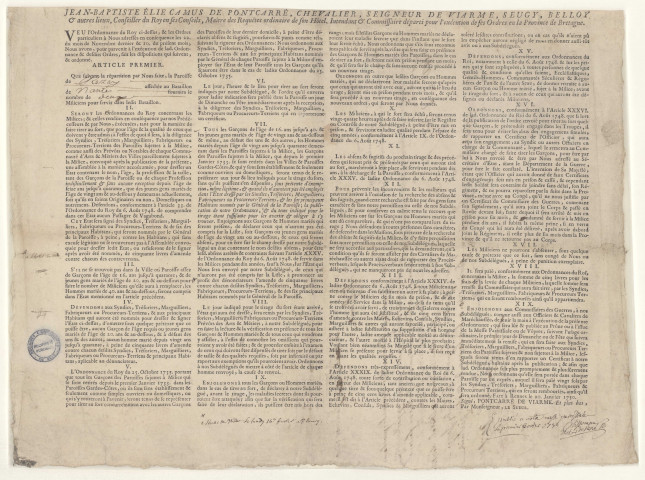 Recrutement par tirage au sort de deux miliciens à Rezé : ordonnance de l'intendant de Bretagne Poncarré de Viarme.