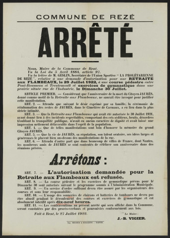 Interdiction de procéder à une retraite aux flambeaux à l'occasion de l'anniversaire de la mort de Jean Jaurès : arrêté municipal du maire de Rezé.
