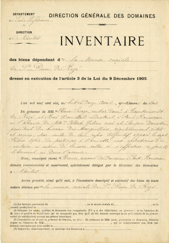 Loi de séparation de l'Église et de l'État. - Inventaire, mise sous séquestre et dévolution des biens ayant appartenu à la Fabrique et à la Mense de Saint-Paul de Pont-Rousseau, à la Fabrique de Saint-Pierre de Rezé : inventaires, arrêtés préfectoraux.