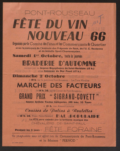 Fêtes et animations locales. - Demande d'autorisation : programme "Fête du vin nouveau" (1966-1967), programme "fête du muguet" 1967, arrêtés municipaux et préfectoraux, correspondance.