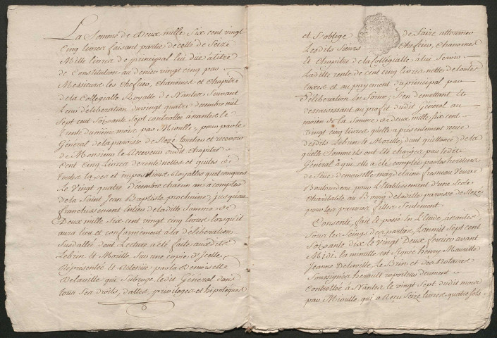 Constitution de rente, Le général de la paroisse de Rezé ayant reçu 2645 livres des héritiers de la défunte dame Magdelaine Fresneau veuve Boulourdeau aux fins d'établir au Bourg de Rezé une école charitable pour les pauvres filles, constitue sur cette somme et auprès de Demoiselle Jeanne de Laville, de Nantes, une rente de 105 livres. Le chapitre de la collégiale royale de Nantes, auprès duquel la Demoiselle de Laville a par ailleurs constitué une rente, est chargé d'en effectuer le paiement : Grosse d'acte notarié et extraits des registres des délibérations de la paroisse de Rezé et du Chapitre de la Collégiale royale de Nantes