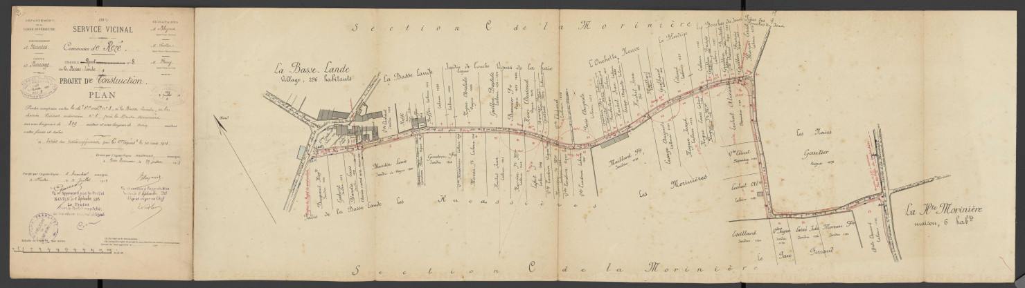 Chemin rural reconnu n°8 de la Basse-Lande. - Acquisition de terrain ; construction : plans, lettres d'offre, actes d'acquisitions, arrêté préfectoral, délibération, état des parcelles à acquérir et leurs propriétaires, devis, procès-verbal d'adjudication des travaux, soumissions, liste des souscriptions, correspondance.