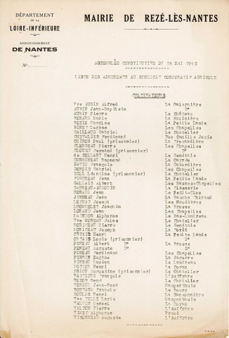 Syndicat corporatif agricole. - Constitution : statuts type, procès-verbal de l'assemblée générale constitutive du 24 mai 1942, liste des adhérents.