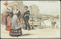 Trentemoult. - Dessin des quais, de la rade et de personnes en costume : carte publicitaire "Souvenir de la brasserie Burgelin".