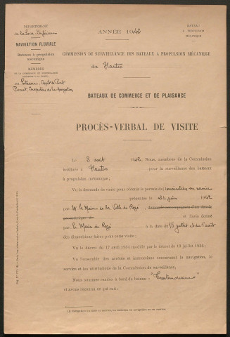 Passage d'eau de Trentemoult à Chantenay et Nantes (roquios). - Fonctionnement (concession à la Compagnie nantaise de navigation à vapeur (Messageries de l'Ouest) et régie par la Ville de Rezé) : convention, arrêtés, délibération, règlement intérieur, tarifs, liste du personnel, budget, rapport, pétition, correspondance.