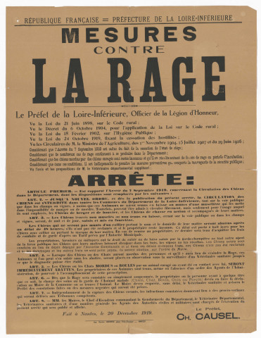 Préfecture de Loire-Inférieure. - Mesures à respecter pour enrayer la propagation de la rage : arrêté préfectoral.