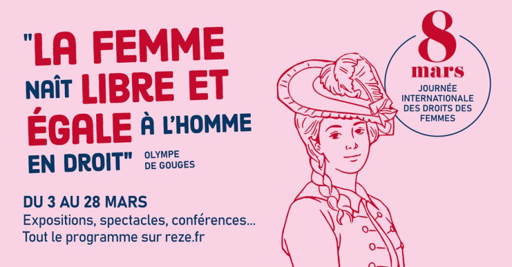 Visuel représentant Olympe de Gouges et une citation sur l'égalité femme/homme, création pour la Journée des Droits des Femmes 2026 à Rezé