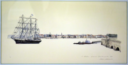 Le Belem devant Trentemoult : lithographie d'Eric Cabanas.