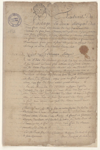 Partage des biens fonciers de la succession des défunts Julien Chauveton et Prudence Dejoie, de la paroisse de Rezé. - Inventaire des biens composant le premier lot de l'héritage et attribution à Julien Moisdon et Michelle Chauvellon sa femme, héritiers : Inventaire.