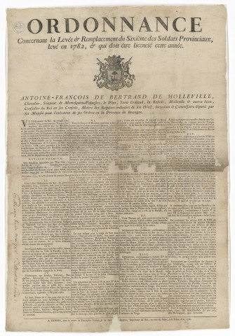 Levée et remplacement du sixième des soldats provinciaux levé en 1782 et qui doit être licencié cette année, et fixation à un soldat du contingent à fournir par la paroisse de Rezé : ordonnance de De Bertrand, intendant de Bretagne.