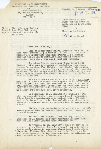 Statistique annuelle des exploitations et des activités agricoles de Rezé. - Mise en place et mise à jour du fichier par la Commission communale de statistiques agricoles : correspondance, convocations, compte-rendu de réunion, instructions, fiches individuelles d'exploitation agricole (1957-1958), fiches individuelles d'activités agricoles (1957-1958)