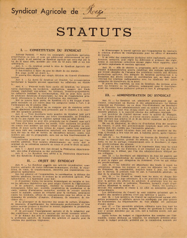 Syndicat d'exploitants agricoles de Rezé. - Constitution : statuts, procès-verbal de l'assemblée générale constitutive du 4 mars 1945.