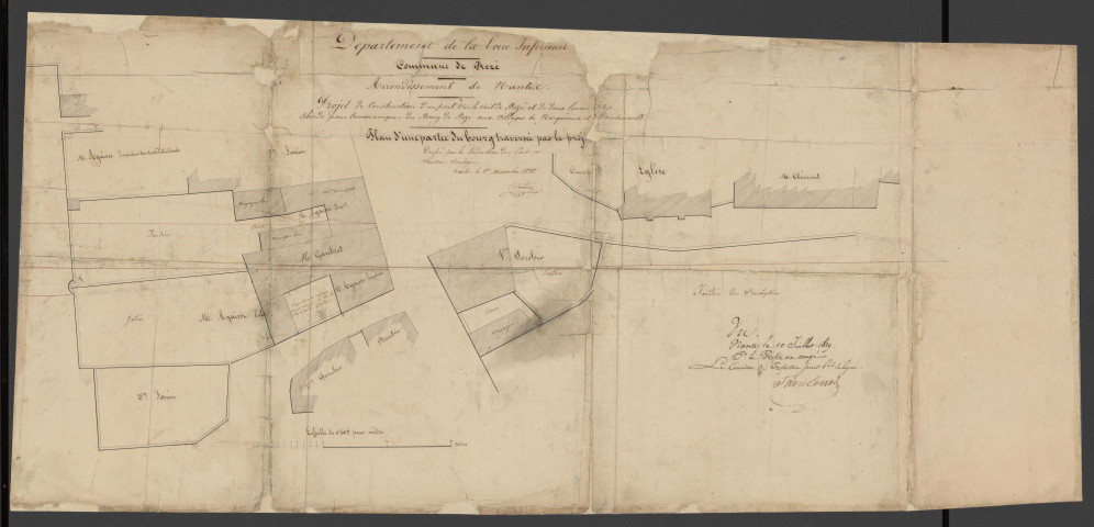Pont de Rezé sur le Seil et levée. - Construction ; rachat du péage : arrêté préfectoral, estimation du budget, avant-métré, correspondance, pétition, plans.