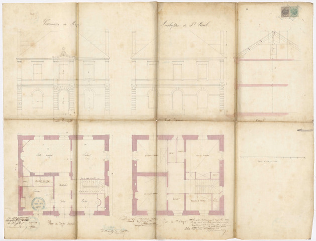 Presbytère Saint-Paul. - Location maison Douaud (1851-1858) ; construction (1863-1871) ; réparation et entretien du presbytère et de la maison du répurgateur (1876-1888) : baux, mémoire de travaux, devis estimatif, plans, correspondance, affiche.