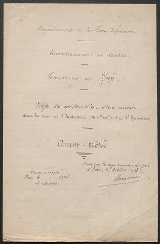 Urinoirs de Pont-Rousseau (chemin vicinal ordinaire n°12, chemin de grande communication n°85, chemin de la Haute-Ile). - Construction : détail estimatif, plans, délibérations, bordereau des pièces.