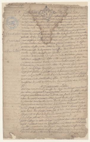 Partage des biens fonciers et immobiliers du défunt noble Jean Fruneau sieur de la Martelière, auteur d'une fondation dans l'église paroissiale de Rezé. - Inventaire des biens et estimation du troisième lot de l'héritage revenant à la paroisse de Rezé (1727) ; homologation de la fondation par Christophe-Louis Turpin de Sansay évêque de Nantes (1741) : Grosse de l'inventaire, décret d'homologation.