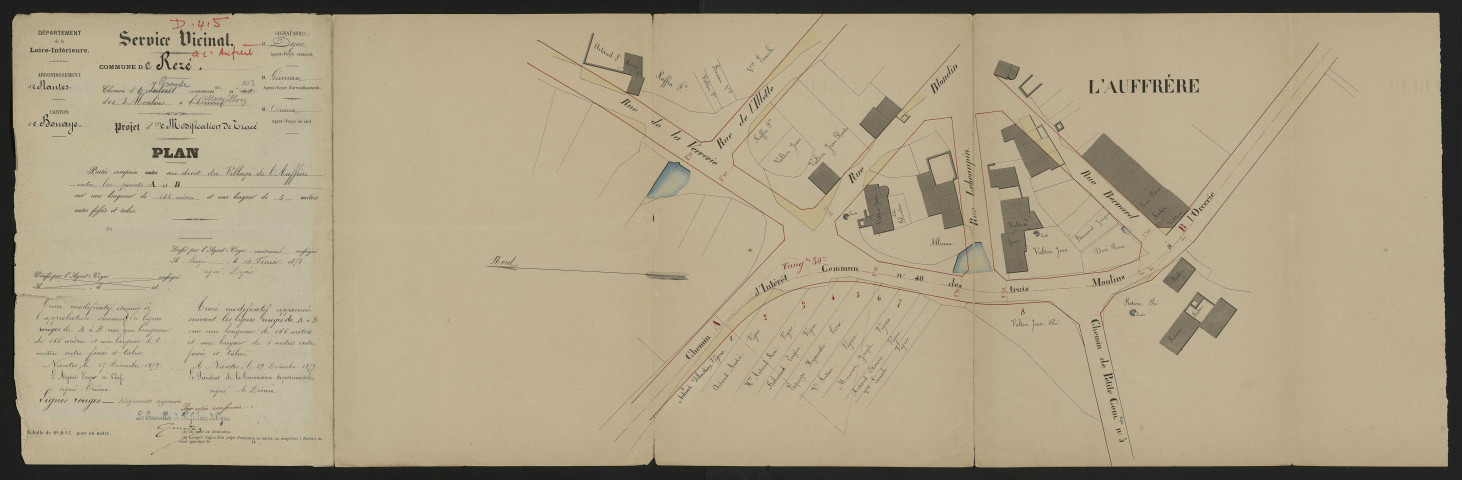 Chemin vicinal de grande communication n°103 des Trois-Moulins à Mouzillon, comprenant l'ancien chemin d'intérêt commun n°40 des Trois-Moulins à l'Orcerie. - Acquisition et aliénation de terrains ; alignement de voirie : tracés, plan du village de l'Aufrère, état des parcelles à acquérir et leurs propriétaires, enquête, correspondance