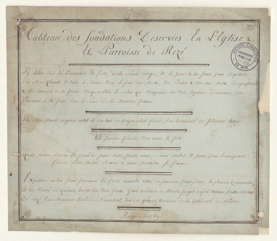 Fondations desservies en l'église et paroisse de Rezé. - Inventaire : tableau.