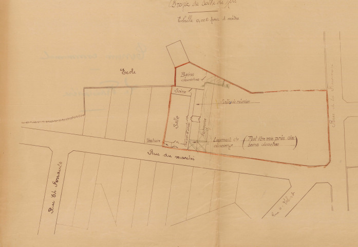 Salle des fêtes. - Construction : programme du concours, projets, procès-verbal d'adjudication, mémoires des travaux, correspondance.