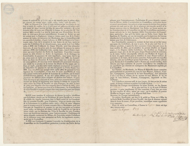 Entretien et habillement des milices. - Levée d'une contribution pour l'entretien, l'habillement et les autres dépenses des Milices ; fixation du montant de la somme à collecter dans la paroisse de Rezé : mandement des Etats de Bretagne.