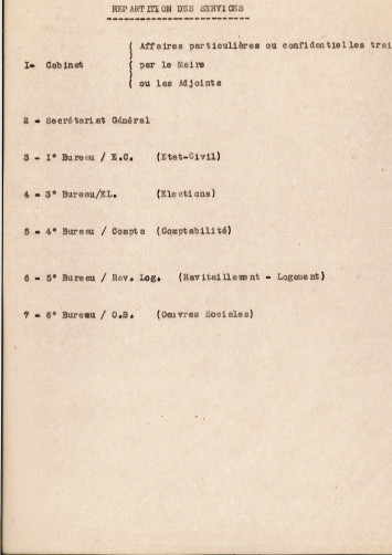 Note interne fixant l'organigramme au sein de la mairie, 1947