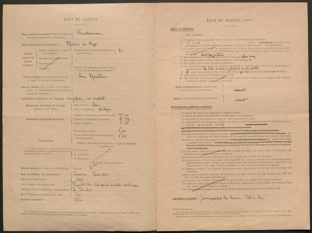 Passage d'eau de Trentemoult à Chantenay et Nantes (roquios). - Fonctionnement (concession à la Compagnie nantaise de navigation à vapeur (Messageries de l'Ouest) et régie par la Ville de Rezé) : convention, arrêtés, délibération, règlement intérieur, tarifs, liste du personnel, budget, rapport, pétition, correspondance.