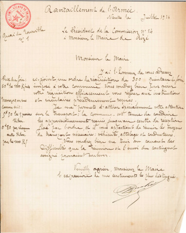 Réquisitions de foin, organisation : état de répartition entre les habitants et les contribuables de la commune du foin de la récolte de 1916 que la commune doit fournir au ravitaillement de l'armée, bulletin de chargement, correspondance.
